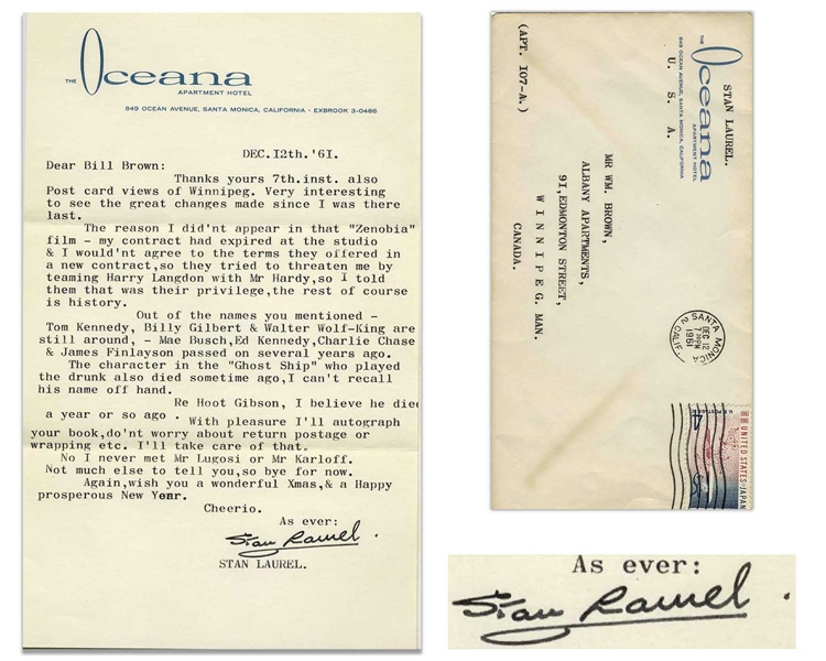 Stan Laurel Letter Signed Regarding ''Zenobia'' -- ''...I would'nt agree to the terms they offered in a new contract, so they tried to threaten me by teaming Harry Langdon with Mr Hardy...''